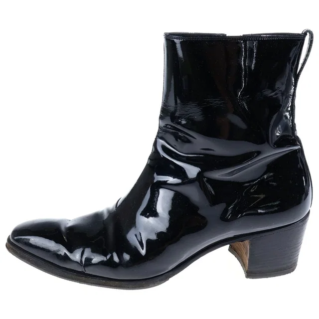 Saint Laurent Rive Gauche Johnny Patent Leather Heels Boots Black in Black Patent leather from The Reluxe