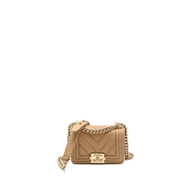 Chanel 22S Mini Boy Bag Chevron Caviar Beige LGHW (Microchip) in Beige Caviar leather from EMIER