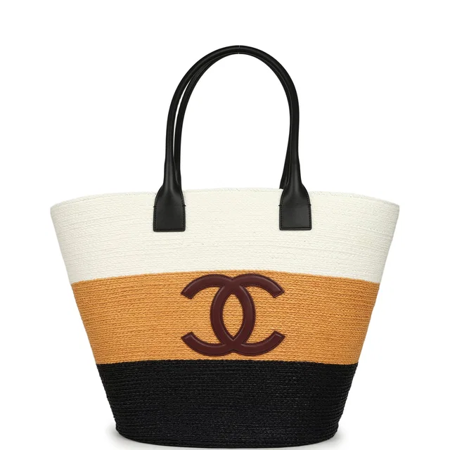 Chanel Maxi Coco Beach Small Shopping Bag White, Dark Beige, Black Raffia and Calfskin in Black Calfskin from Madison Avenue Couture