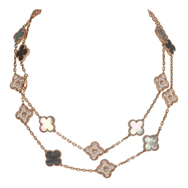 Van Cleef & Arpels Vintage Alhambra 20 Motif Long Necklace Mother of Pearl Diamonds and 18K Rose Gold in Pink from Madison Avenue Couture