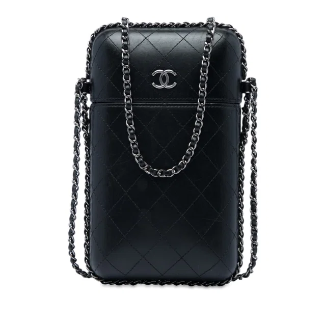 Black Chanel CC Quilted Lambskin Chain Around Phone Holder Crossbody Bag in Black Lambskin from Designer Revival