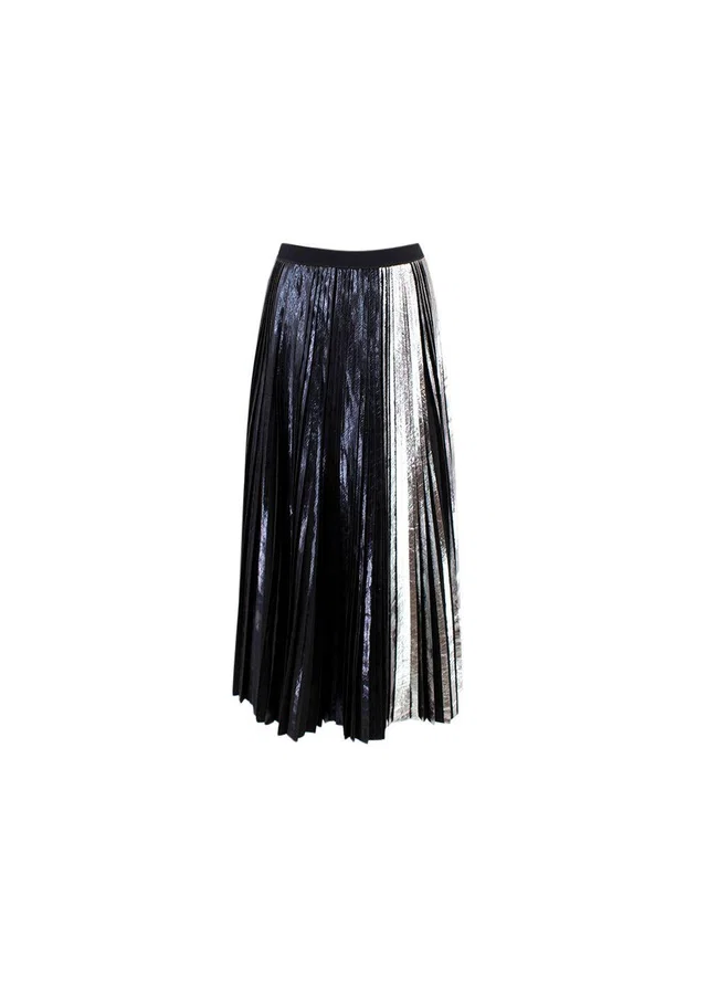 Proenza Schouler Black & Silver Coated Pleated Midi Skirt in Black Silk from HEWI