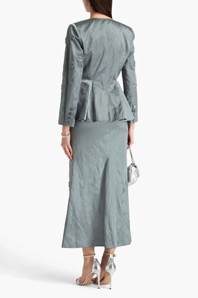Huishan Zhang Crystal-Embellished Crinkled-Satin Peplum Jacket in Grey, photo 3 of 4 from THE OUTNET