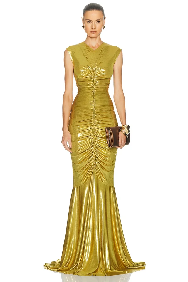 Norma Kamali Sleeveless V Neck Shirred Front Fishtail Gown in Metallic from FWRD, photo 1 of 1