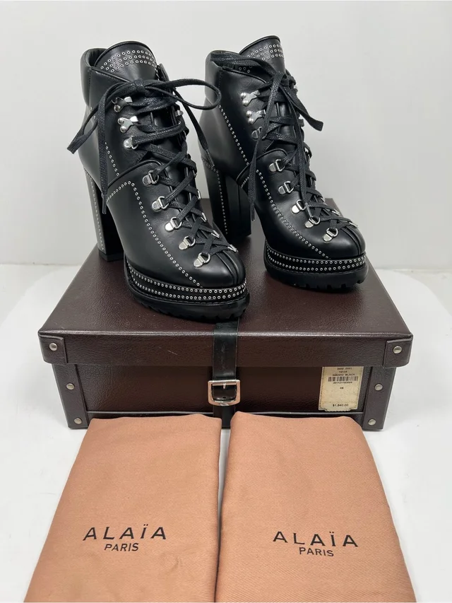 Alaïa Alaa Paris Black Leather Studded Lace Up Platform Ankle Boots Eu 36 Us 6 in black Leather from Poshmark