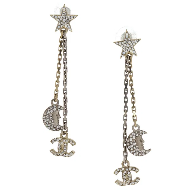Chanel Star CC Moon Dangle Piercing Earrings Silver Rhinestone 17B in Silver from AMORE Vintage Tokyo