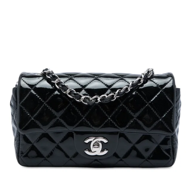 Black Chanel Mini Rectangular Classic Patent Single Flap Crossbody Bag in Black Patent leather from Designer Revival