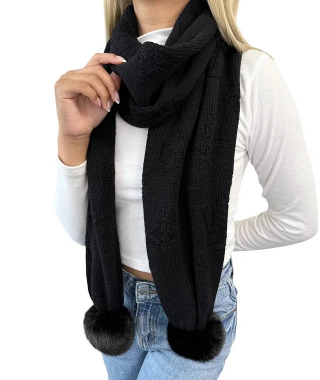 Louis Vuitton Vintage Monogram Logo Knit Scarf Shawl Wrap Fur Black Cashmere in Black Cashmere from Luxury Promise