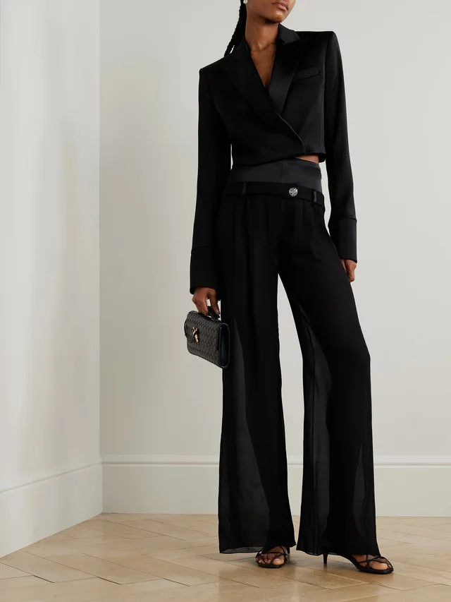 GALVAN Strata embellished satin-trimmed georgette wide-leg pants in Black, photo 2 of 2 from NET-A-PORTER (Canada)