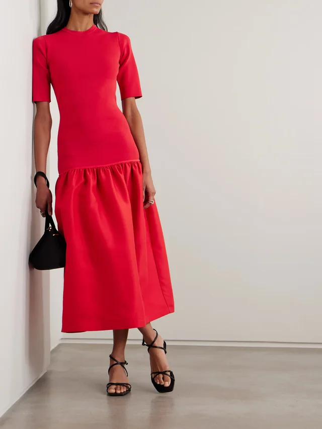 TOTEME Twinflower gathered ribbed-knit and wool and silk-blend crepe midi dress in Red, photo 2 of 2 from NET-A-PORTER (Canada)