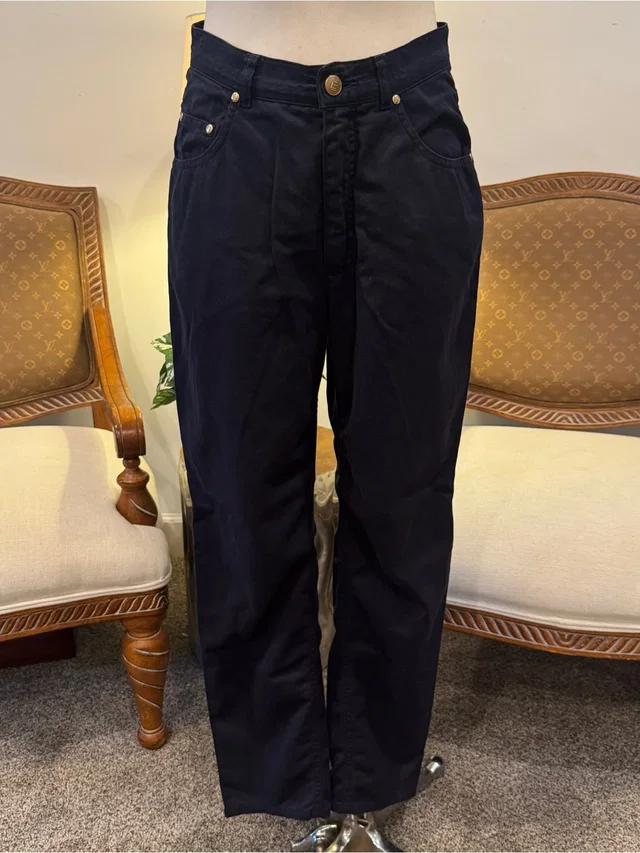 Escada Vintage 90s Navy Blue Straight Leg High Waisted Cotton Trousers Pants 6 in blue from Poshmark