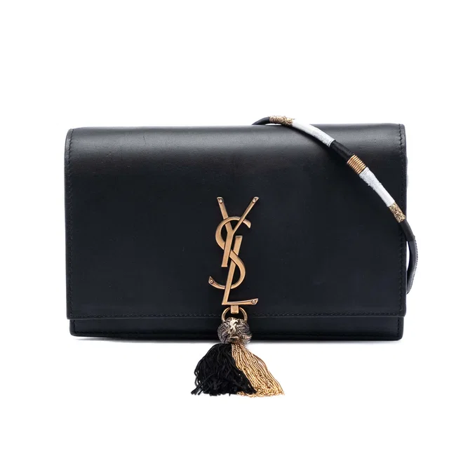 Black Saint Laurent Smooth Calfskin Monogram Kate Bicolor Tassel Wallet On Strap Crossbody Bag in Black Calfskin from Designer Revival