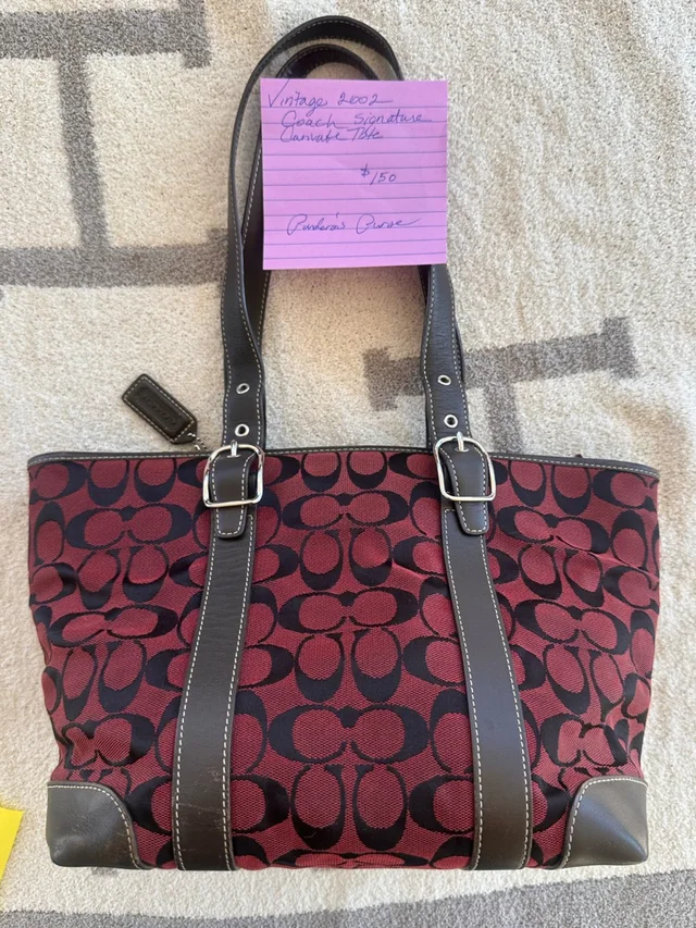 Coach Burgundy And Black Signature Canvas Tote With Dark Brown Leather Trim in black|red Canvas from Poshmark