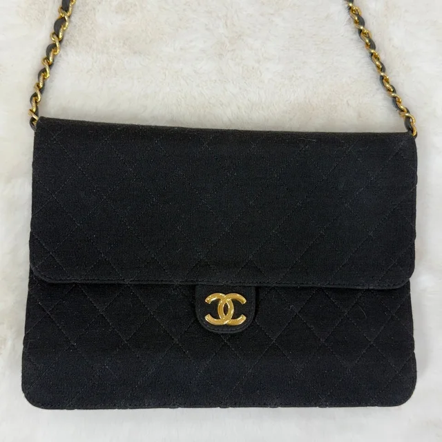Chanel Black Cotton Matelasse Half Flap Shoulder Bag in Black from SparklesnDreams