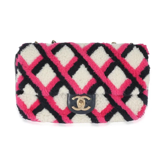 Chanel Fuchsia Navy White Shearling Lambskin Emoticon Single Flap Bag in White Lambskin from myGemma
