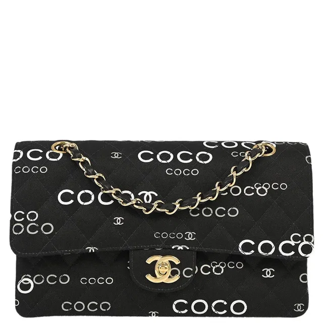 Chanel 2002-2003 Black Canvas COCO Medium Classic Double Flap Shoulder Bag in Black Canvas from AMORE Vintage Tokyo