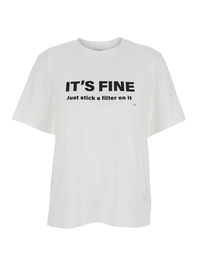 Victoria beckham White Cotton Crew Neck T-shirt with Front Lettering Slogan for Women in White 100% Organic Cotton, photo 2 of 6 from Gaudenzi Boutique