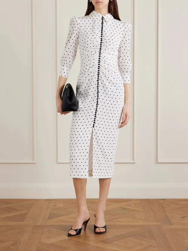 CAROLINA HERRERA Ruched polka-dot silk crepe de chine midi dress in White, photo 2 of 2 from NET-A-PORTER (Canada)
