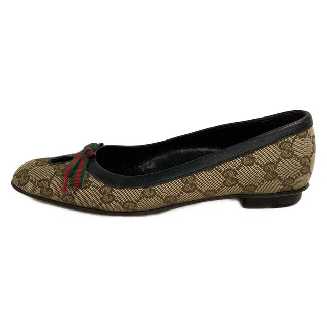 Gucci Flat Shoes GG Pattern Sherry Beige Dark Brown Multi Ribbon Leather in Brown Leather from The Reluxe