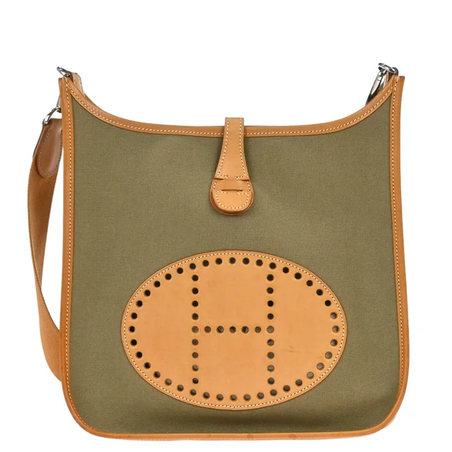 Hermès 2008 Natural Khaki Barenia Toile Officier Evelyne 2 29 PM in Beige Leather from AMORE Vintage Tokyo