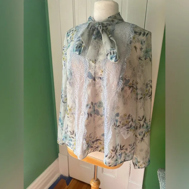 REDValentino Sheer Floral Lace Tie-Neck Blouse In Light Blue in blue|white from Poshmark