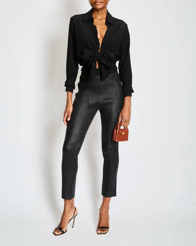 Hermès Fall 2024 Black Ribbed Leather Leggings with Fabric Side Trim Size FR 38 (UK 10) in Black Leather from Sellier