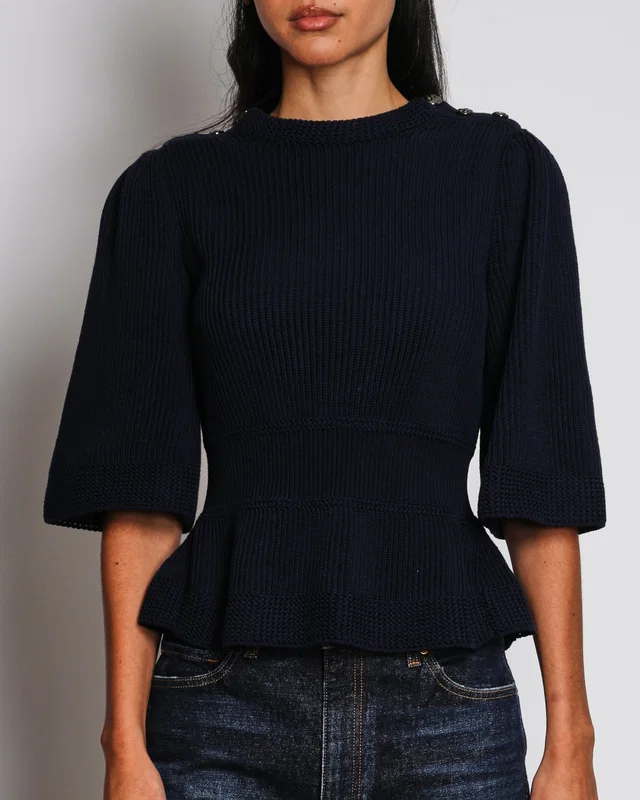 Chanel 03/A Navy Blue Ribbed Knit Peplum Jumper Size FR 38 (UK 10) in Navy from Sellier