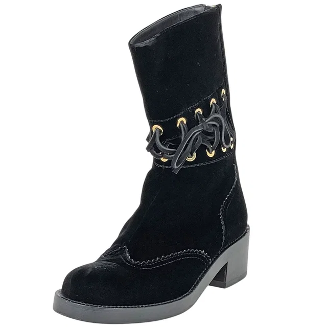 Chanel CC Logo Short Boots Shoes Velour Black in Black from The Reluxe
