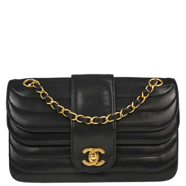 Chanel 1991-1994 Black Lambskin Horizontal Stitch Small Double Flap Shoulder Bag in Black Lambskin from AMORE Vintage Tokyo