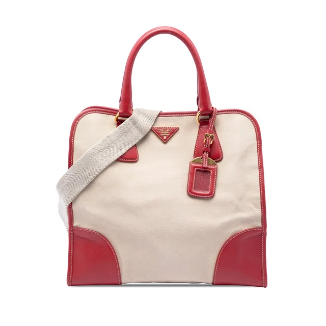 Beige Prada Saffiano Trimmed Canvas Canapa Logo Satchel in Beige Saffiano leather from Designer Revival