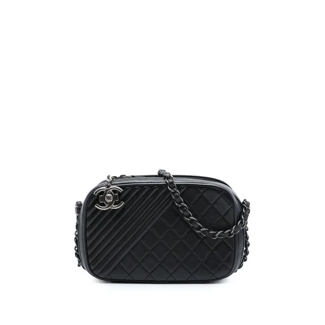 Black Chanel Small Quilted Lambskin Coco Boy Camera Bag in Black Lambskin from Designer Revival