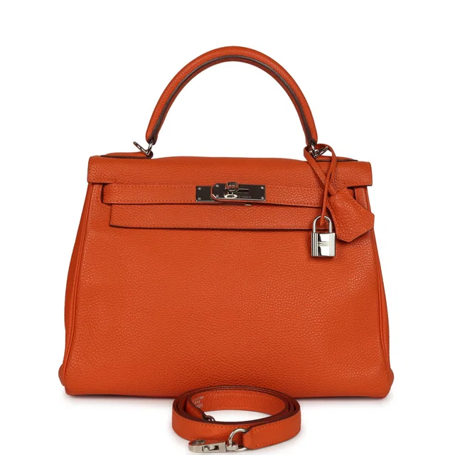 Hermès Kelly Retourne 28 Orange Togo Palladium Hardware in Orange Togo leather from Madison Avenue Couture