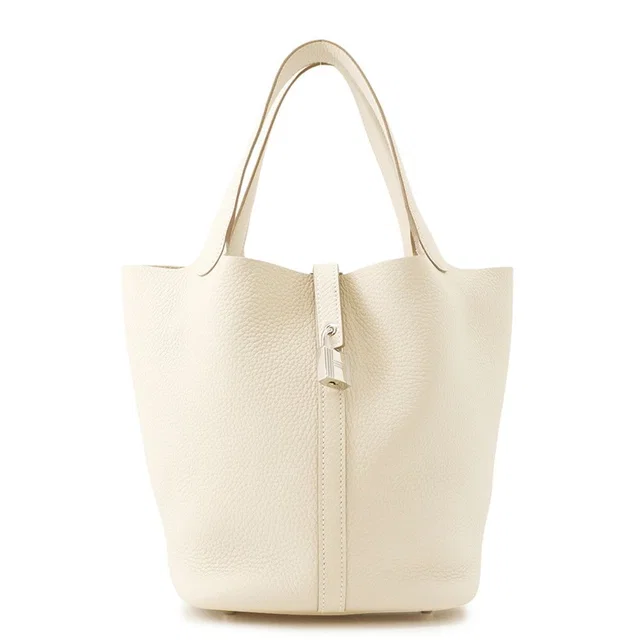 Hermès Handbag Picotin Lock MM Craie Silver Taurillon Clemence Tote in White Clemence leather from The Reluxe