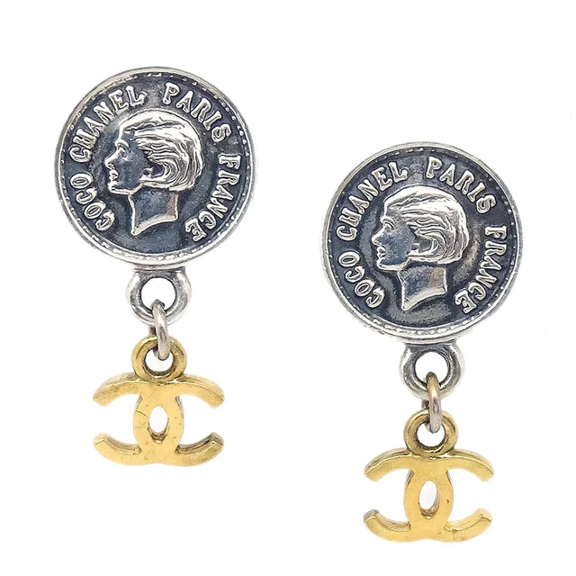 Chanel Medallion Dangle Earrings Gold Silver Clip-On 96P in Gold from AMORE Vintage Tokyo