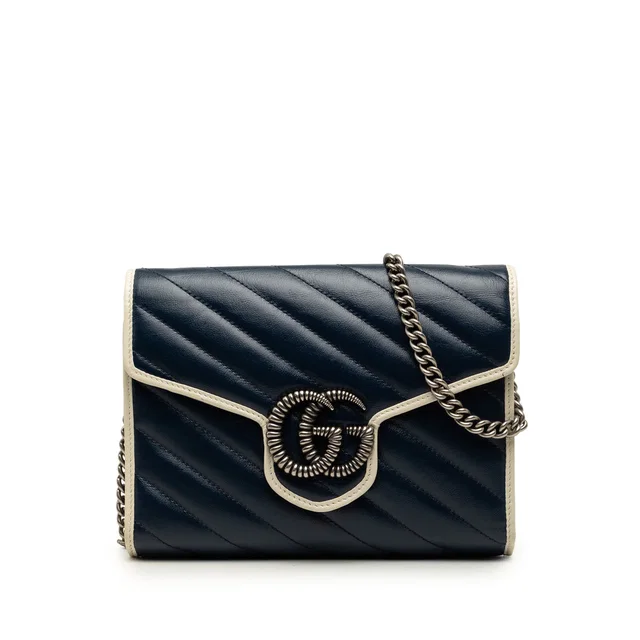 Blue Gucci GG Marmont Matelasse Calfskin Torchon Wallet On Chain Crossbody Bag in Blue Calfskin from Designer Revival