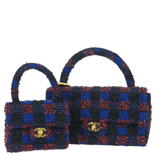 Chanel 1991-1994 Blue Tweed Classic Single Flap 2 in 1 Handbag Set in Blue Tweed from AMORE Vintage Tokyo