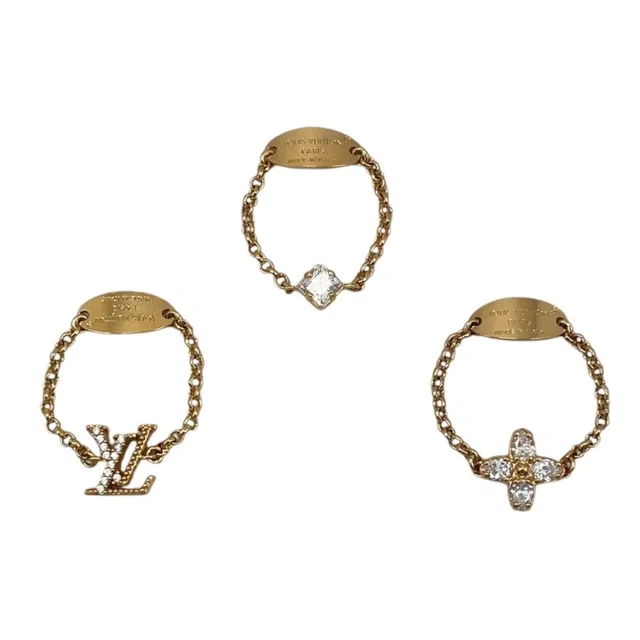 Ring Set LV L Metal Chain Monogram Flower Strass Rhinestone Gold in Gold from The Reluxe