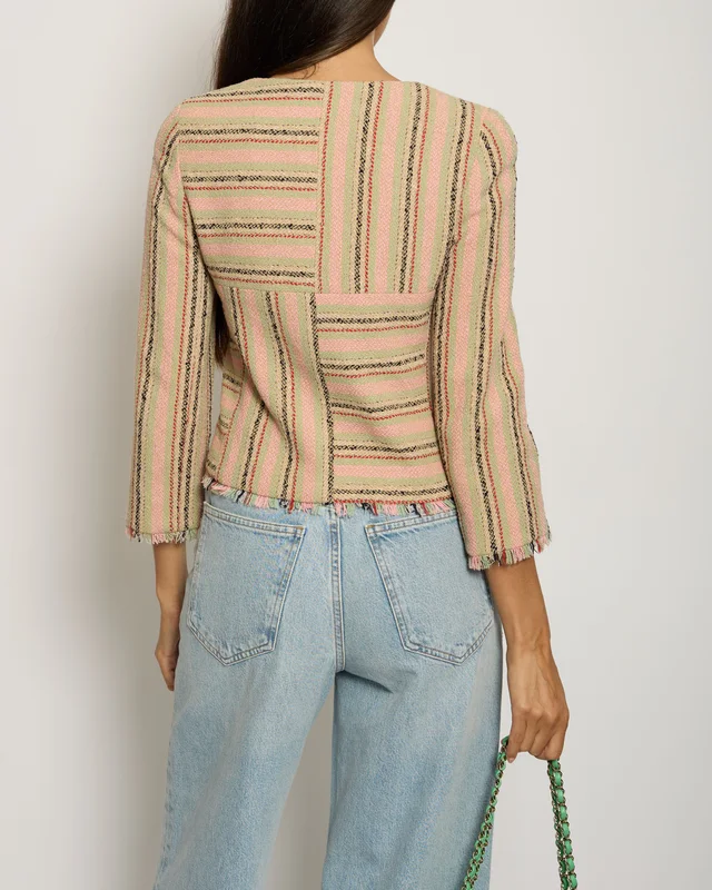 Chanel 00/C Vintage Pink, Green Beige Round Neck Long Sleeve Striped Jacket FR 34 (UK 6) in Beige Silk from Sellier, photo 2 of 2