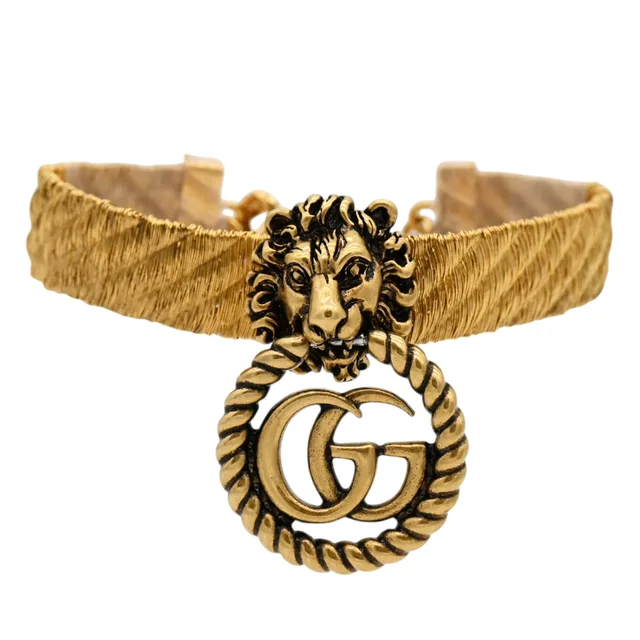 Gucci GG Lion Head Bracelet in Woven leather from Clotheshorse Anonymous