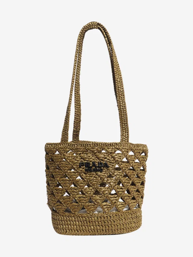 Prada Khaki raffia-effect mini tote bag in Green Raffia from Sign of the Times