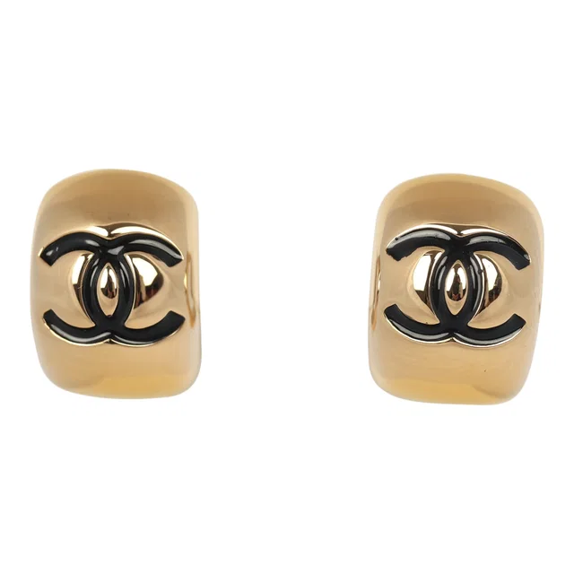 Chanel Mini CC Hoop Stud Earrings Black Resin, Gold Tone Hardware in Gold Resin from Madison Avenue Couture