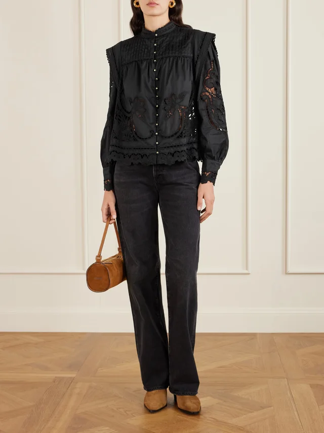 FARM RIO Richilieu pleated broderie anglaise cotton blouse in Black, photo 2 of 2 from NET-A-PORTER (Canada)