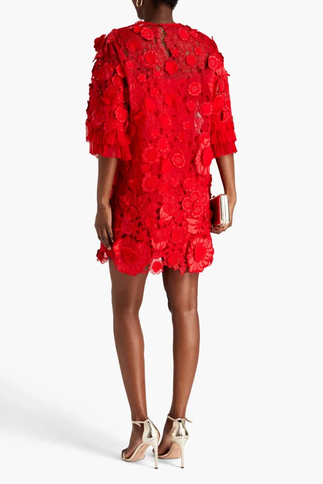 Valentino Garavani Floral-Appliquéd Embroidered Tulle Mini Dress in Red, photo 3 of 4 from THE OUTNET