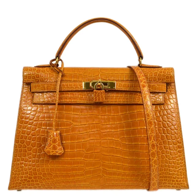 Hermès 1997 Saffron Porosus Kelly 32 Sellier 2way Shoulder Handbag in Crocodile from AMORE Vintage Tokyo