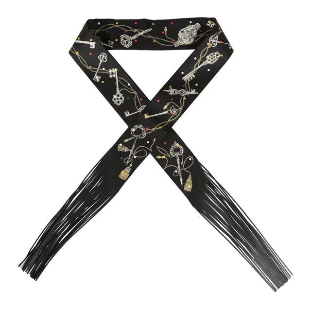 Hermès "Les Cles a Pois" Black, Multicolore, White Fringe Silk Twilly in Black Silk from Madison Avenue Couture