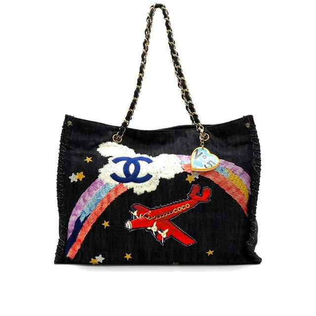 Chanel Vintage Coco Night Fight Chain Tote Bag Blue Denim Gold Hardware in Blue Denim from Luxury Promise