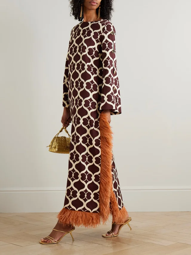 BORGO DE NOR Brunetta feather-trimmed cotton-blend jacquard maxi dress in Brown, photo 2 of 2 from NET-A-PORTER (Canada)