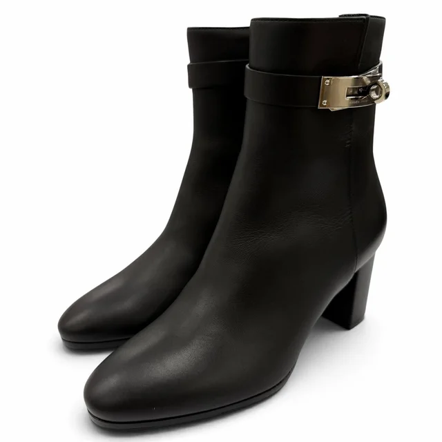 Hermès Saint Germain Silver Kelly Buckle Leather Short Boots Black in Black Leather from The Reluxe