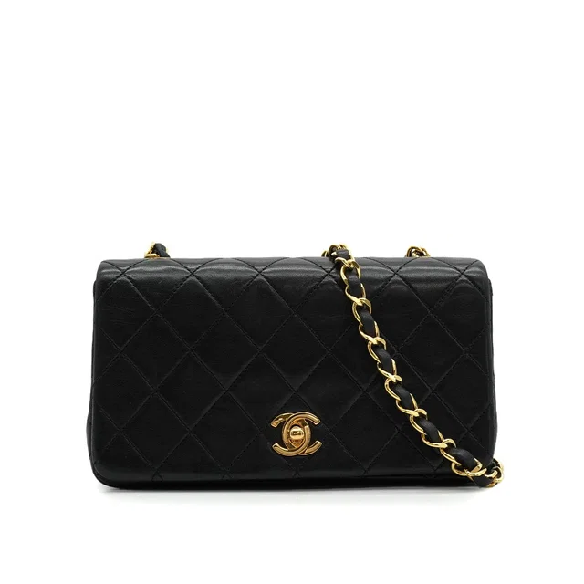 Chanel Vintage Mini Full Flap Chain Shoulder Bag Black Lamb Skin Gold Hardware in Black from Luxury Promise