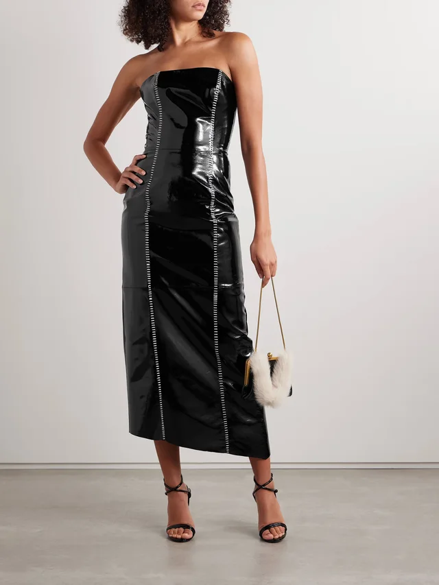 SALON 1884 Sioux strapless asymmetric whipstitched patent-leather dress in Black, photo 2 of 2 from NET-A-PORTER (Canada)